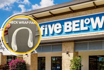 Five Below storefront with neck fan collage