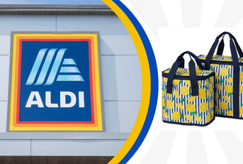 Collage of Aldi storefront logo and a cooler bag product