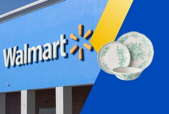 Walmart storefront side by side with floral dinnerware set