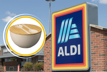 Collage of Aldi storefront logo and a salad bowl product