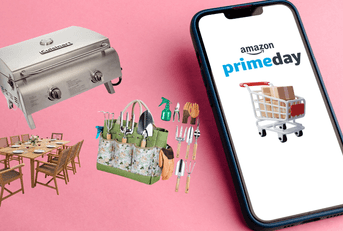 Collage of Amazon PrimeDay screen on the phone and Amazon outdoor products