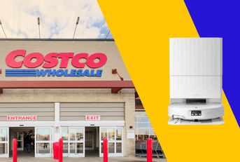 Collage of Costco's store and a robot vacuum product 