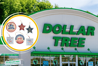 Collage of Dollar Tree storefront and a Fourth of July decor sign product