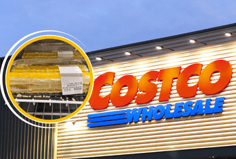Collage of Costco's storefront and a cake product