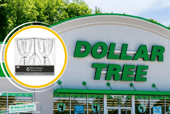 Collage of Dollar Tree storefront and a pack of wine glasses product