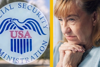 Social Security Administration logo and worried senior woman