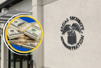 Social Security building with stack of money