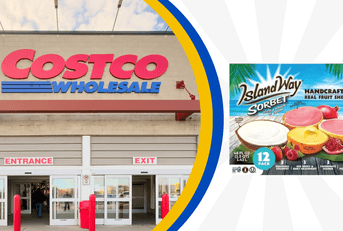 Collage of Costco storefront and a sorbet product