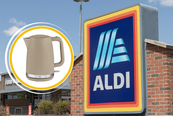 collage of Aldi storefront and an electric kettle product