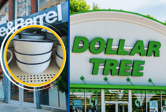 Collage of Crate &amp; Barrel and Dollar Tree storefronts and a stack of ceramic bowls product