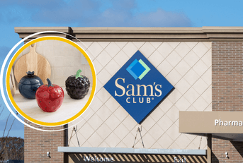 Collage of Sams Club storefront and a kitchen fruit ceramic product
