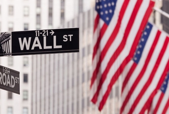 Wall Street road sign with American flags in background