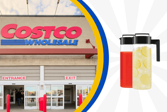 Collage of Costco storefront and a beverage pitcher product