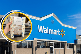Collage of Walmart storefront and tablecloth product