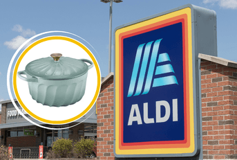 Collage of Aldi storefront and a Dutch oven product