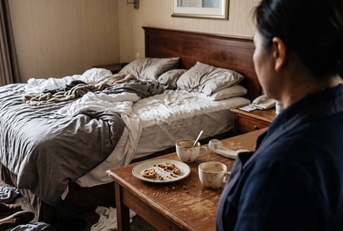 Over the shoulder view of a hotel maid looking at a very messy and dirty hotel room