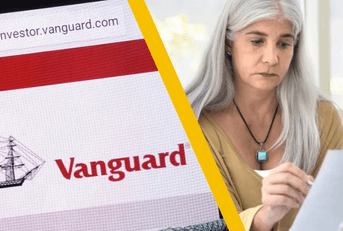 vanguard website and woman reviewing finances