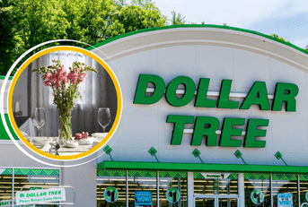 Collage of Dollar Tree storefront and a vase product