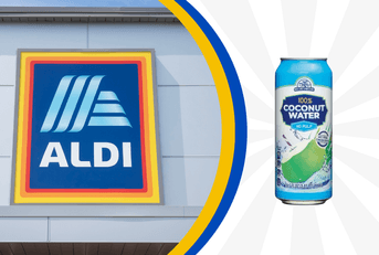 Collage of Aldi storefront and a coconut water product