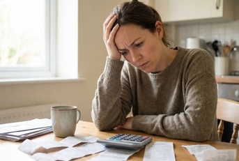 Woman with brown hair sitting at a wooden table, looking stressed while reviewing bills