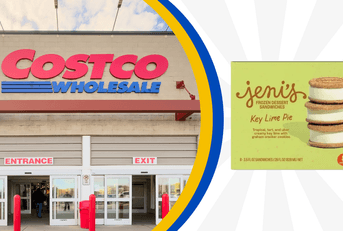 Collage of Costco storefront and a Key Lime Pie ice cream sandwich product
