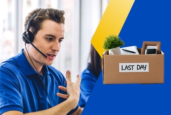 Telephone operator with box of office supplies 