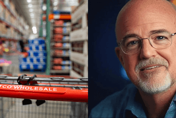 Collage of Costco cart in warehouse and Dave Ramsey generated image