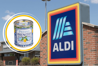 Collage of Aldi's storefront and a vintage tin candle product