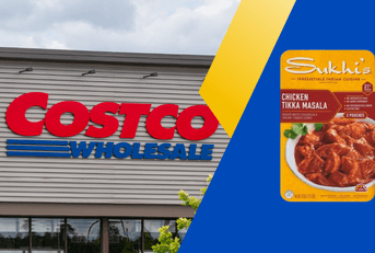 Collage of Costco storefront and an Indian food dish product