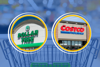 Collage of Dollar Tree and Costco storefront and shopping cart in the back