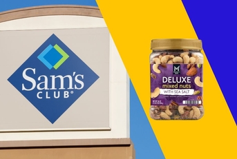 Sam's Club sign with container of mixed nuts