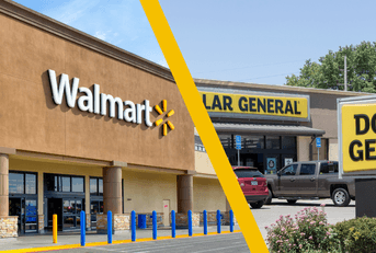 Collage of Walmart and Dollar General storefronts