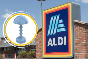 Collage of Aldi storefront and a blue cordless lamp product