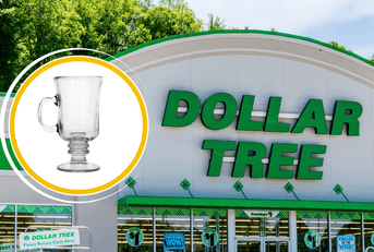 Collage of Dollar Tree storefront and a glass mug product