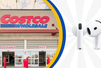 Collage of Costco storefront and a Apple Airpods