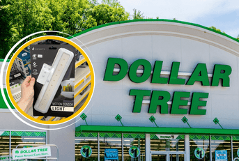 Collage of Dollar Tree storefront and a lighting product