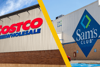 Collage of Costco and Sam's Club logo and storefront