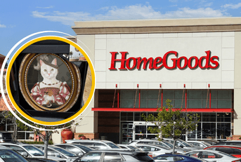 Collage of HomeGoods storefront and a royal cat painting item