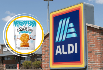 Collage of Aldi storefront and a coconut cookie product