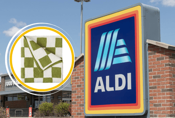 Collage of Aldi's storefront and a checkers green and white towel product
