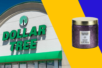 Collage of Dollar Tree storefront and a purple candle product