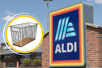 Collage of Aldi's storefront and a wire basket product