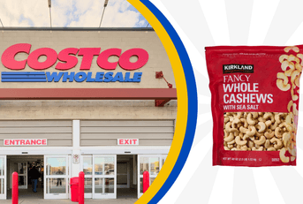 Collage of Costco's storefront and a large bag of Kirkland cashews 
