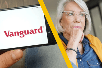vanguard on mobile phone and senior woman working