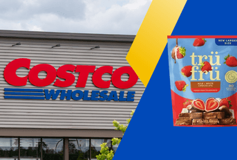 Collage of Costco's storefront and a strawberry frozen treat product
