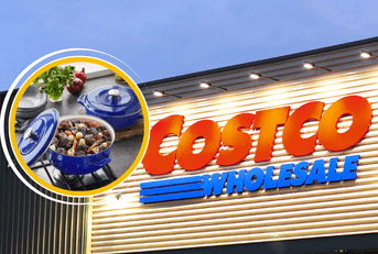 Collage of Costco storefront and a stew pot product cooking on the stove