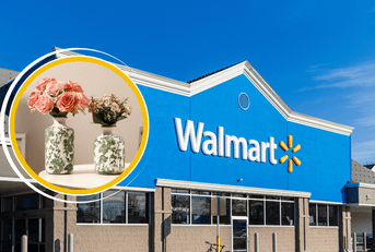 Collage of Walmart storefront and green and white vase products