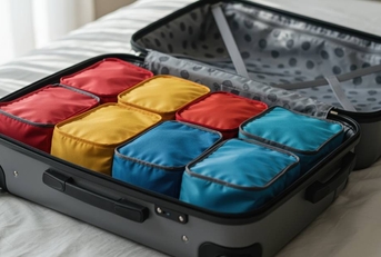 organized suitcase with colorful packing cubes on a bed