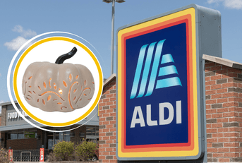 Collage of ALDI storefront and a LED ceramic pumpkin lamp product