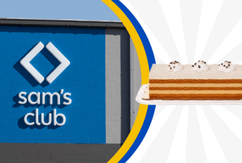 Collage of Sam's Club storefront and a pumpkin spice cake product